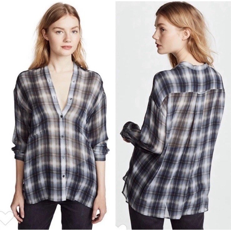 Vince Womens Shadow Plaid Georgette Silk Button-Up Shirt Xs Quiet Luxury Casual